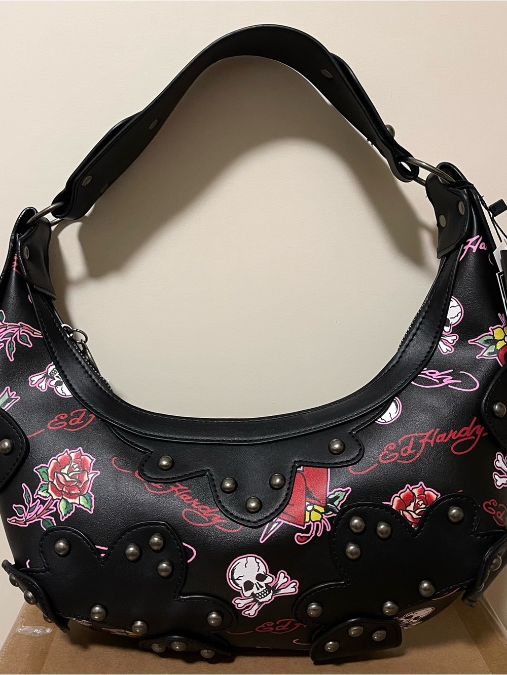 Ed Hardy Dalinda Black Studded Graphic Tattoo Hobo Shoulder Bag NWT Designer